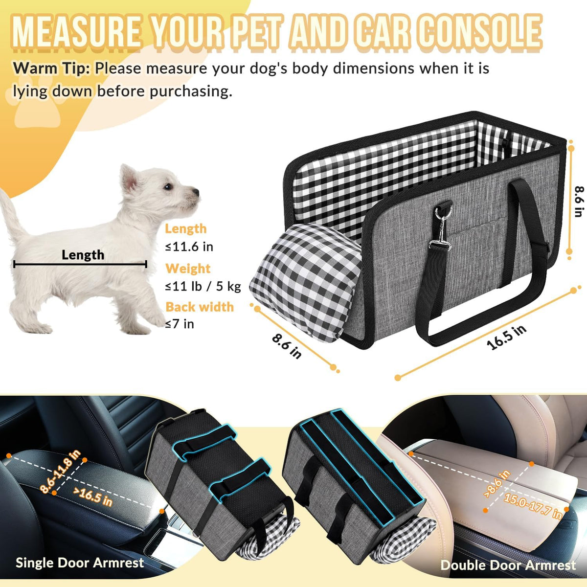 SlowTon Console Dog Car Seat, Dog Booster Seat for Small Dogs Under 11lbs