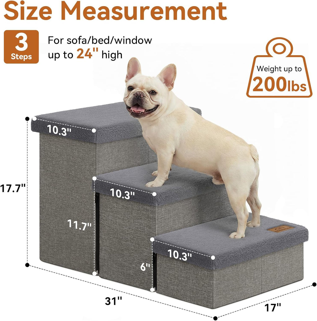 Zerbuger Dog Stairs with Storage, Grey Furry Lids 3 Steps Dog Ramp no Condo