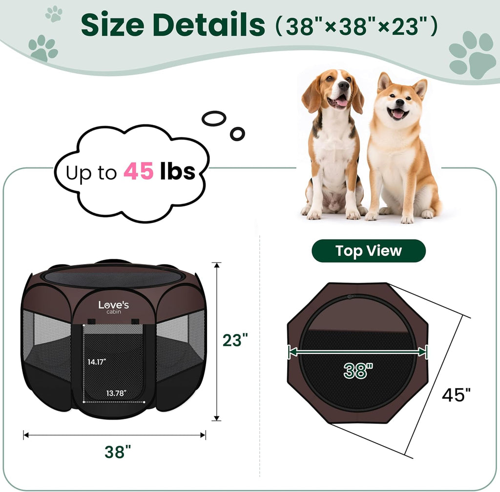 Love's cabin Pet Puppy Dog Playpen, Large Dog Tent Crates Cage Indoor/Outdoor, Portable Playpen for Cat, Foldable Pop Up Dog Kennel Playpen with Carring Case, Removable Zipper Top, Brown
