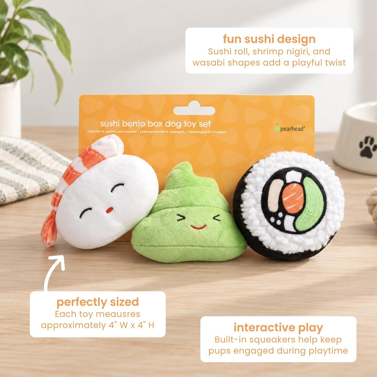 Pearhead Sushi Plush Squeaky Dog Toys, Gift Set