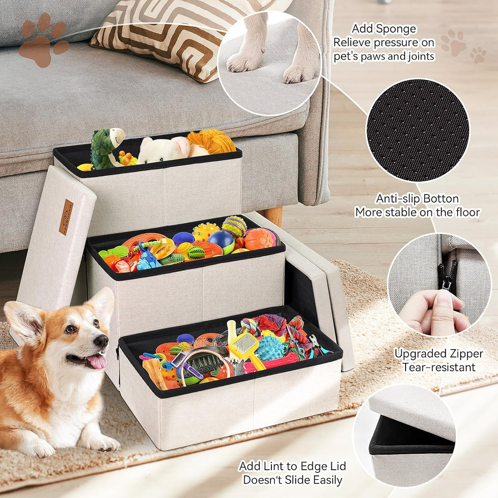 Zerbuger Dog Stairs with Storage, Beige 3 Steps Dog Ramp no Condo for Bed