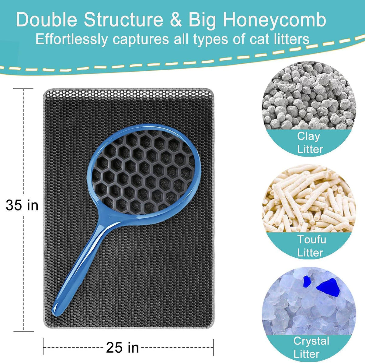 Cat Litter Mat Large, 35x25in Kitty Litter Box Mat Larger for Less Scatter | 2-Layer Honeycomb Effective Litter Trapping Mat, Oversized Large Waterproof Urine-Resistant Cat Mat, Easy Lift & Pour, Gray