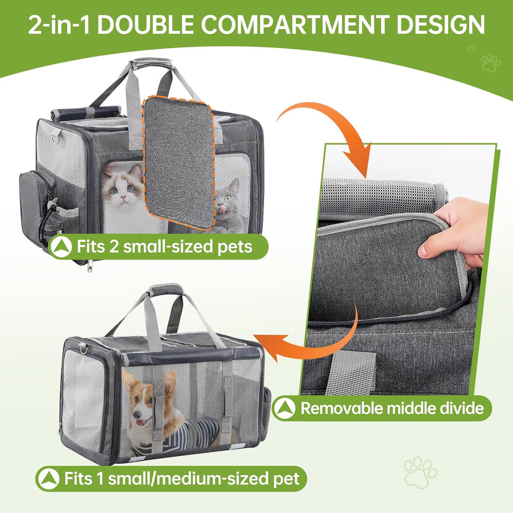 Cat Carrier for 2 Cats Double Pet Carrier Extra Large Multi Cat Travel Gray
