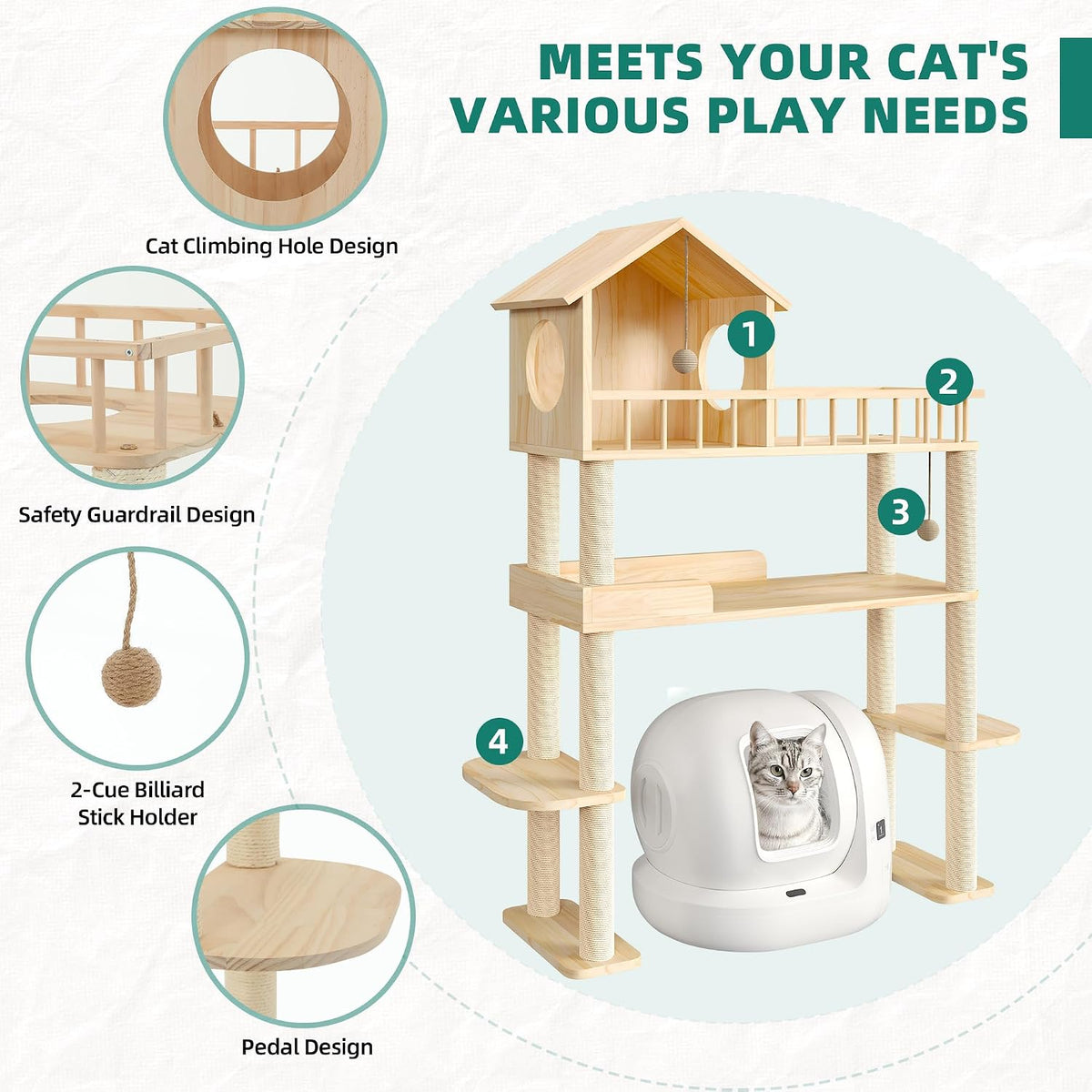 Wood Cat Tower for Automatic Litter Box, 60''H Cat Tree, 4 Tier