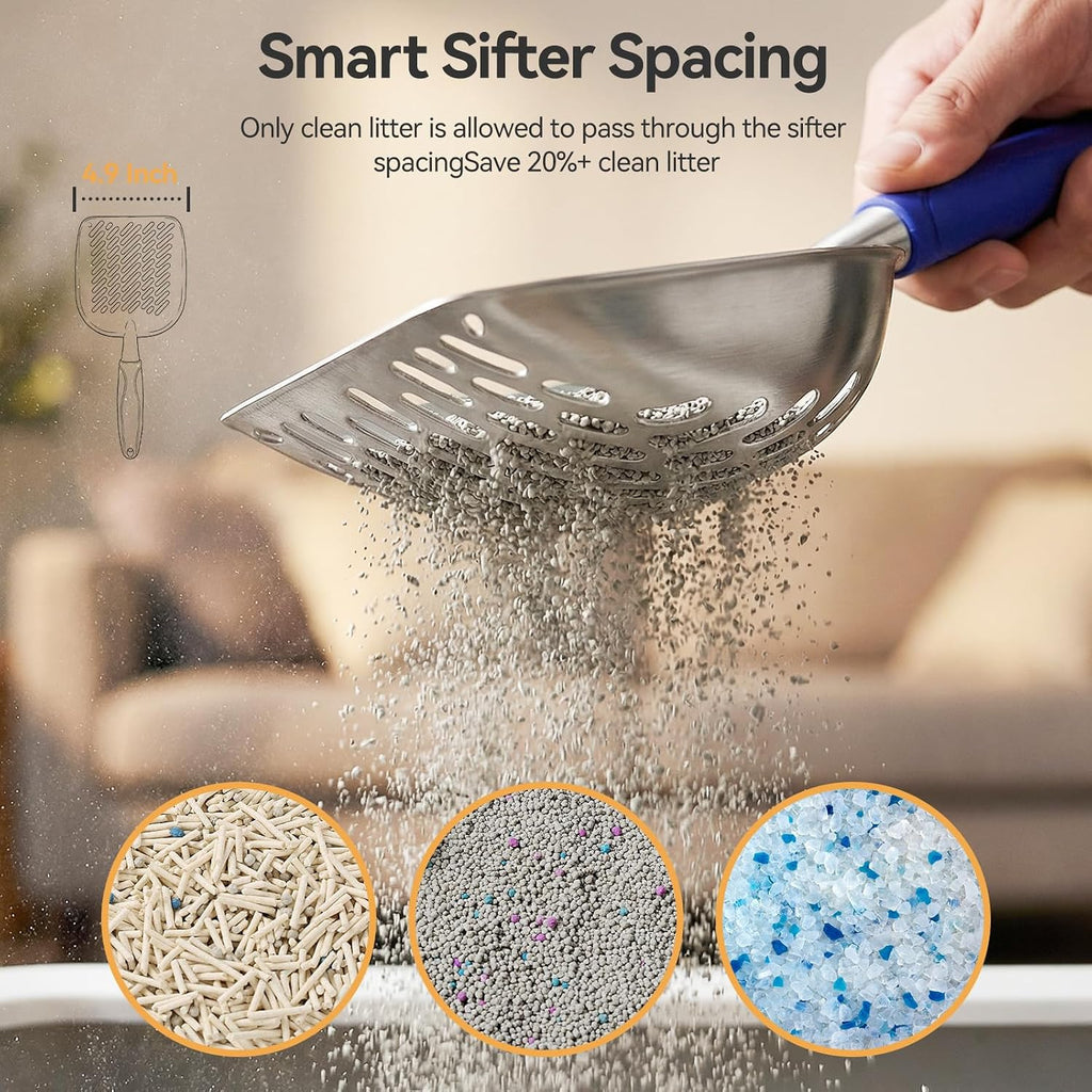 Cat Litter Scoop, Large Long Handle Kitty Metal Scooper | Heavy Duty Aluminum Deep Sifter, Ergonomic Non-Slip Grip, Rustproof Durable Poop Cleaner for Cat Litter Box