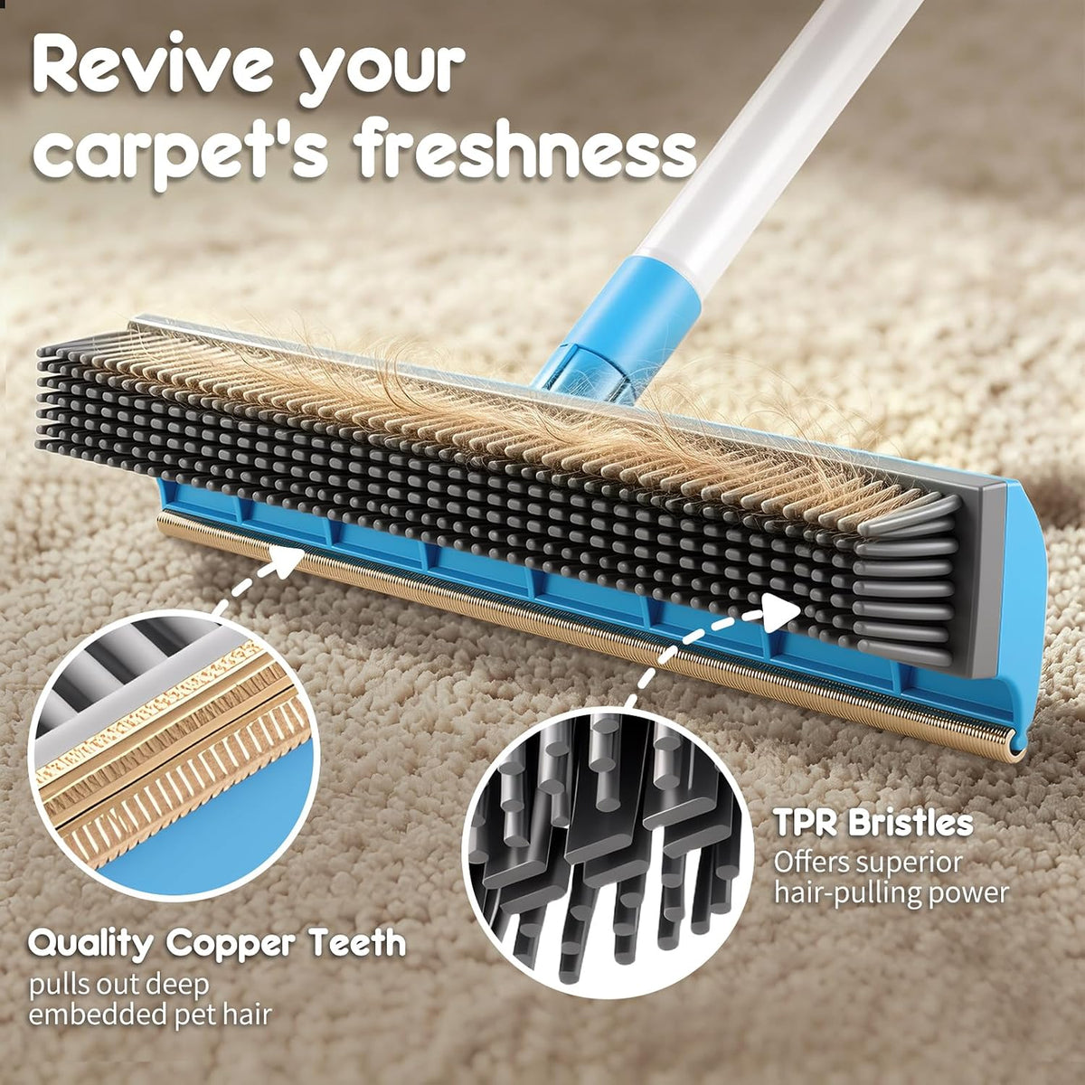 Hippih Carpet Rake for Pet Hair Removal Tool - 60" Reusable Long Handle Set