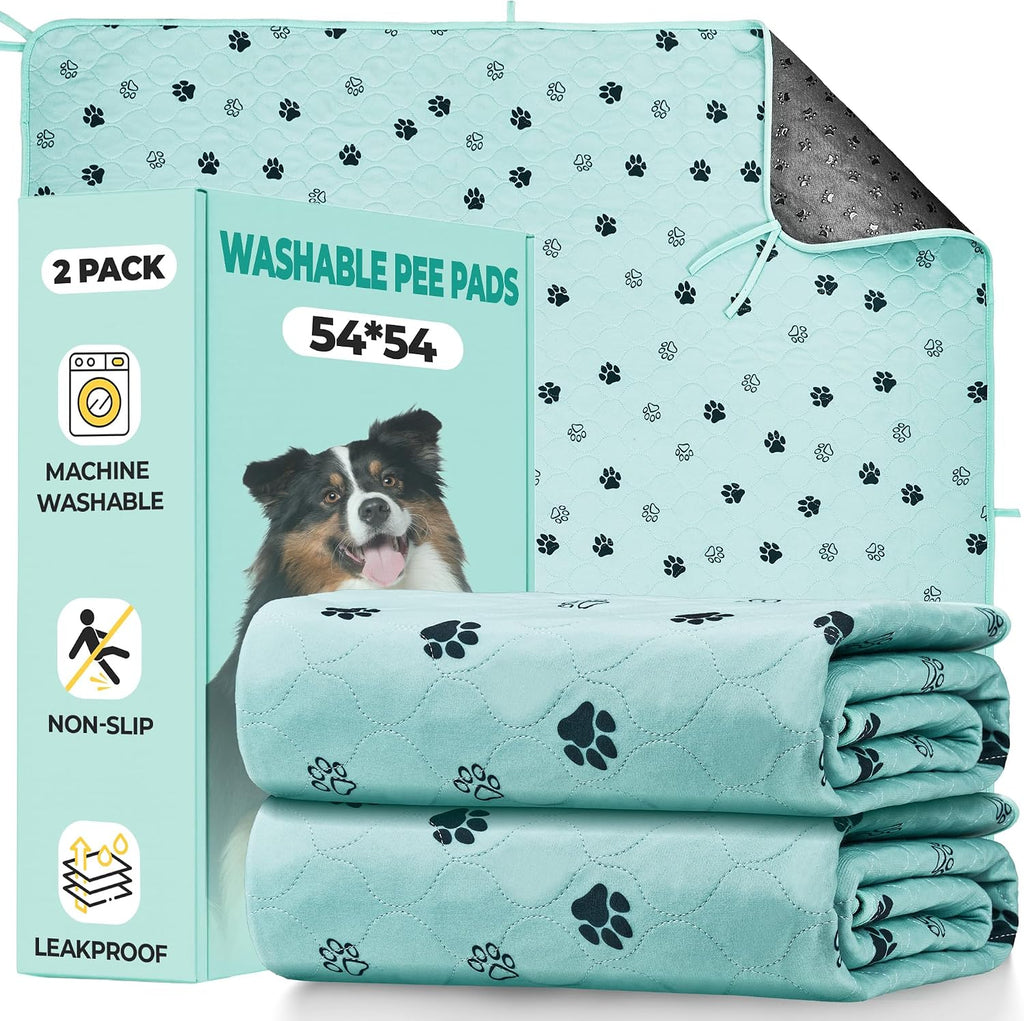 Fostanfly Washable Pee Pads for Dogs, Leak-Proof, 54"x54"-2 Pack, Green | Ultra-Absorbent, Waterproof, Non-Slip, Large Reusable Pee Pads for Puppy Potty Training, Crate and Playpen with 8 Tie Straps