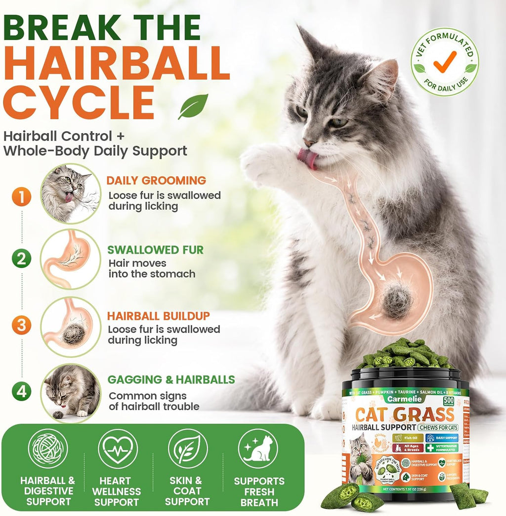 Carmelie Cat Grass Treats Chews, Hairball Treatment for Cats, 500 Count