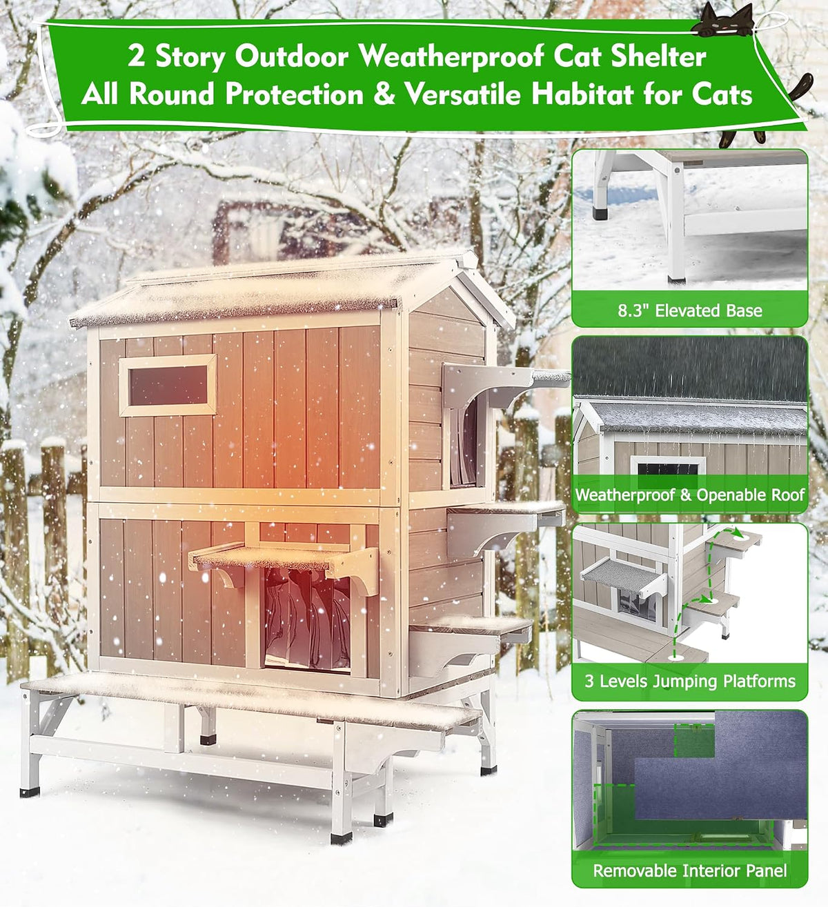 GoWoodHut Outdoor Cat House Weatherproof Cats Shelter for Feral Kitten Pet Houses for 1-2 Small Animlas 2 Story Wooden Houses for Indoor Outdoor Cats with Escape Doors (2 Story Cat House-73TI)