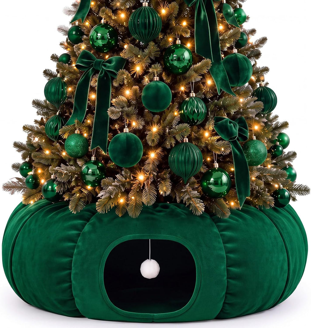 Christmas Tree Cat Tunnel 36 in Donut Bed, Green, Velvet, Fluffy