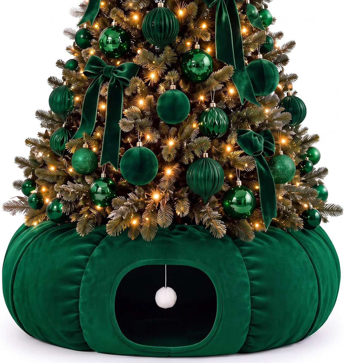 Christmas Tree Cat Tunnel 36 in Donut Bed, Green, Velvet, Fluffy