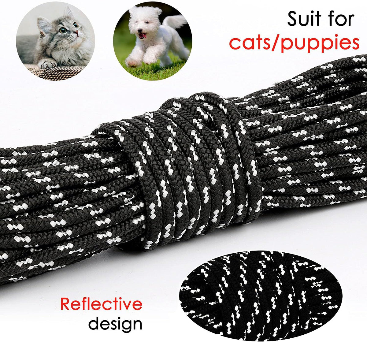 Reflective Cat Long Leash 30 FT, Outdoor Backyard Cat Tie Out Lead, Black