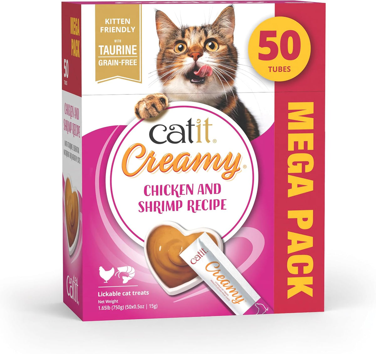 Catit Creamy Lickable Cat Treat, Chicken & Shrimp, 50 Pack, 0.5 Ounce