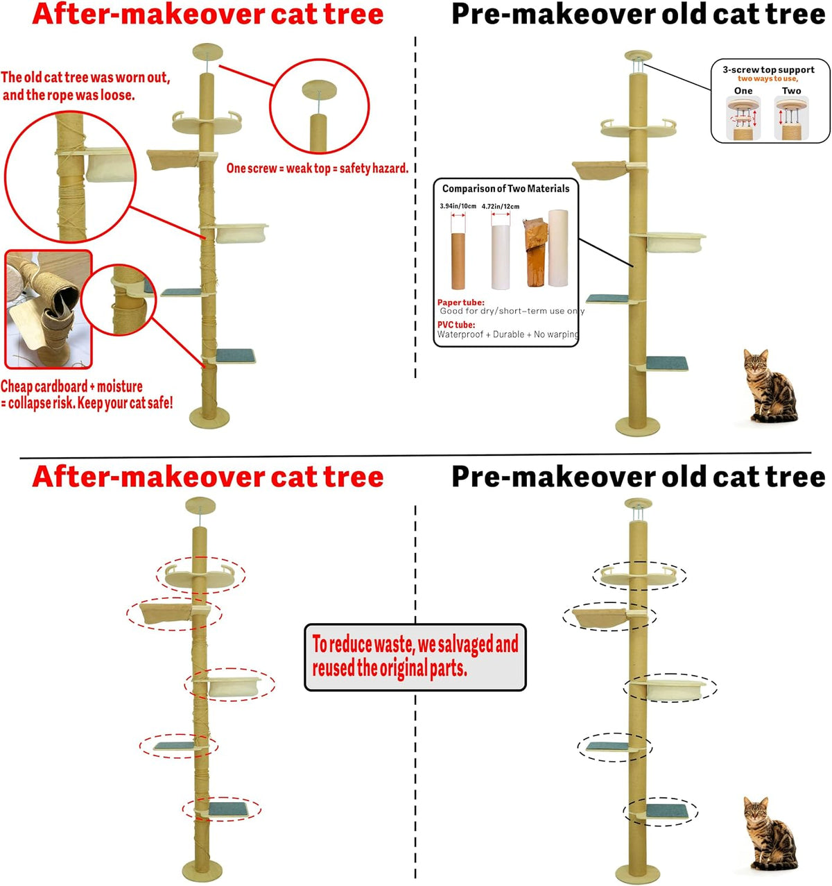 Floor to Ceiling Cat Scratching Post Tree, Adjustable Height 40in-120in Tall PVC Cat Climbing Pole, Sturdy Cat Activity Tower for Indoor Cats to Climb, Scratch & Play