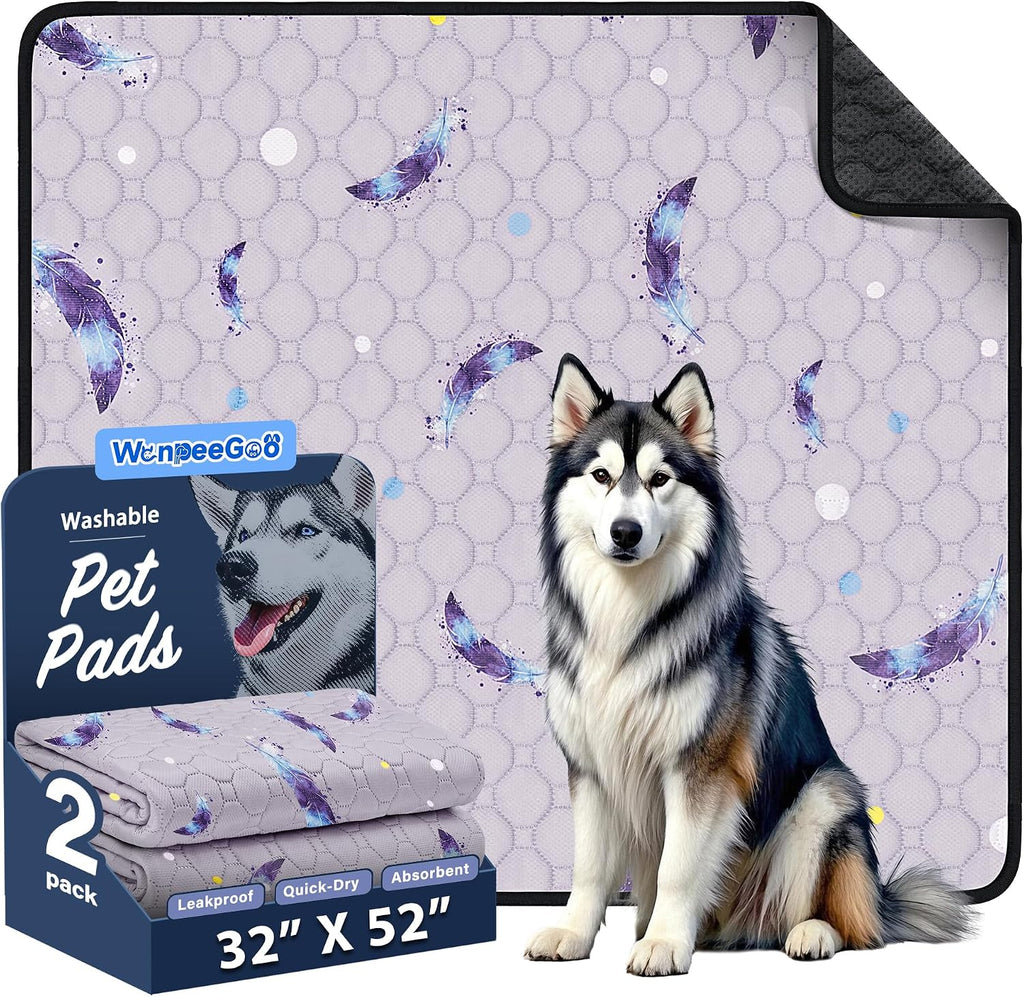 Washable Dog Pee Pads, Non-Slip Waterproof, 32 x 52 in, 2 Pack, Feather | Super absorbent, waterproof and non-slip; washable, reusable dog pads for crates, playpens, floors, furniture and travel