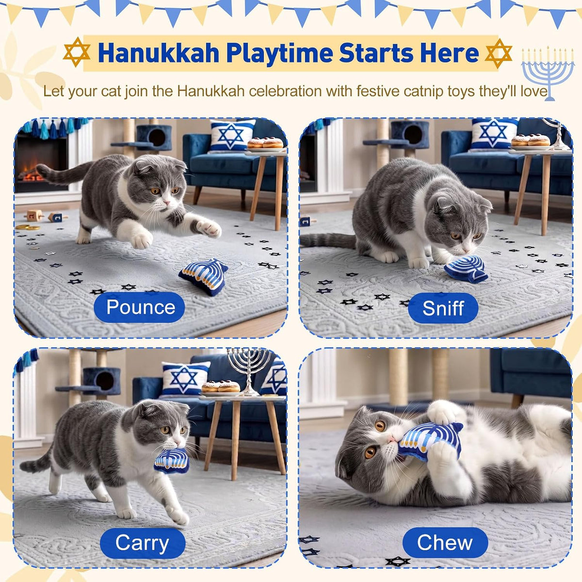 CiyvoLyeen Plush Hanukkah Catnip Toys for Indoor Cats 6 Pack