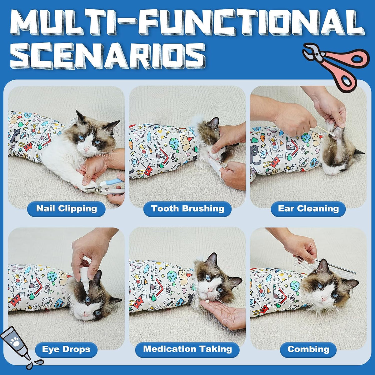 Supet Cat Grooming Wrap for Nail Trimming, Self-Adherent Calm Cat Swaddle
