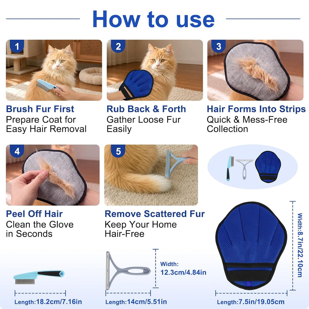 3PCS Pet Hair Removal Glove Set with Grooming Mitt, Comb & Fur Remover Tool