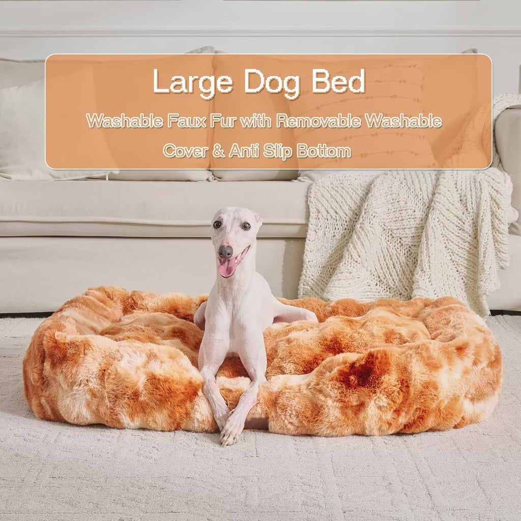 Washable Orthopedic Dog Bed,Rectangle Fleece & Luxury Pet Bed with Removable Zipper Cover & Anti-Slip Bottom,Suitable for Medium Large Dogs,30x25x7.5inches,Tie-dye Burnt Orange