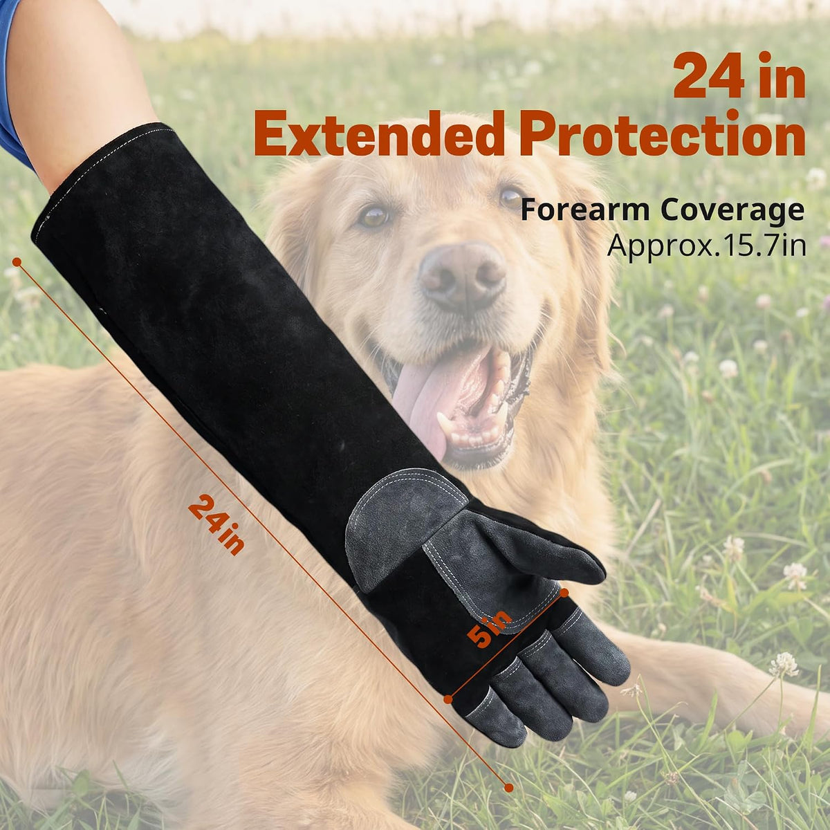 vclpower Animal Handling Gloves, Bite Proof Double Leather, 24 in, Size M