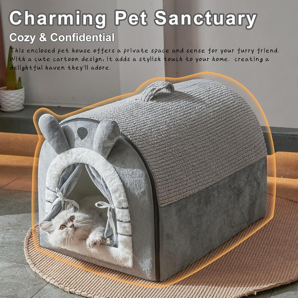 Jiupety Cat Houses for Indoor Cats, Cave Bed with Door Curtain Design,Grey