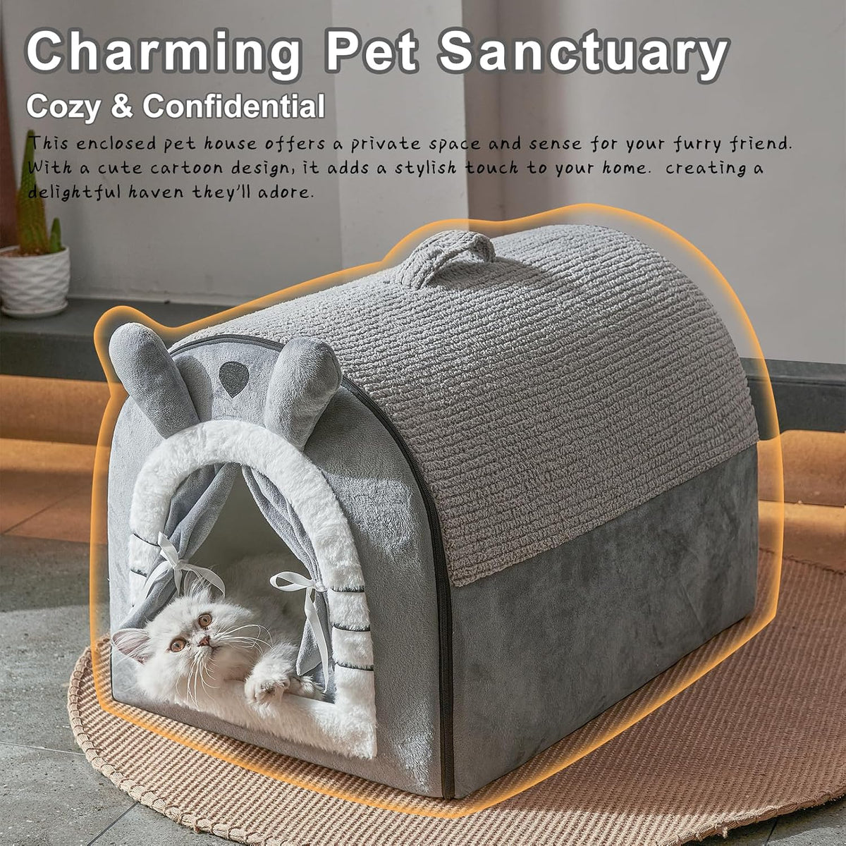 Jiupety Cat Houses for Indoor Cats, Cave Bed with Door Curtain Design,Grey
