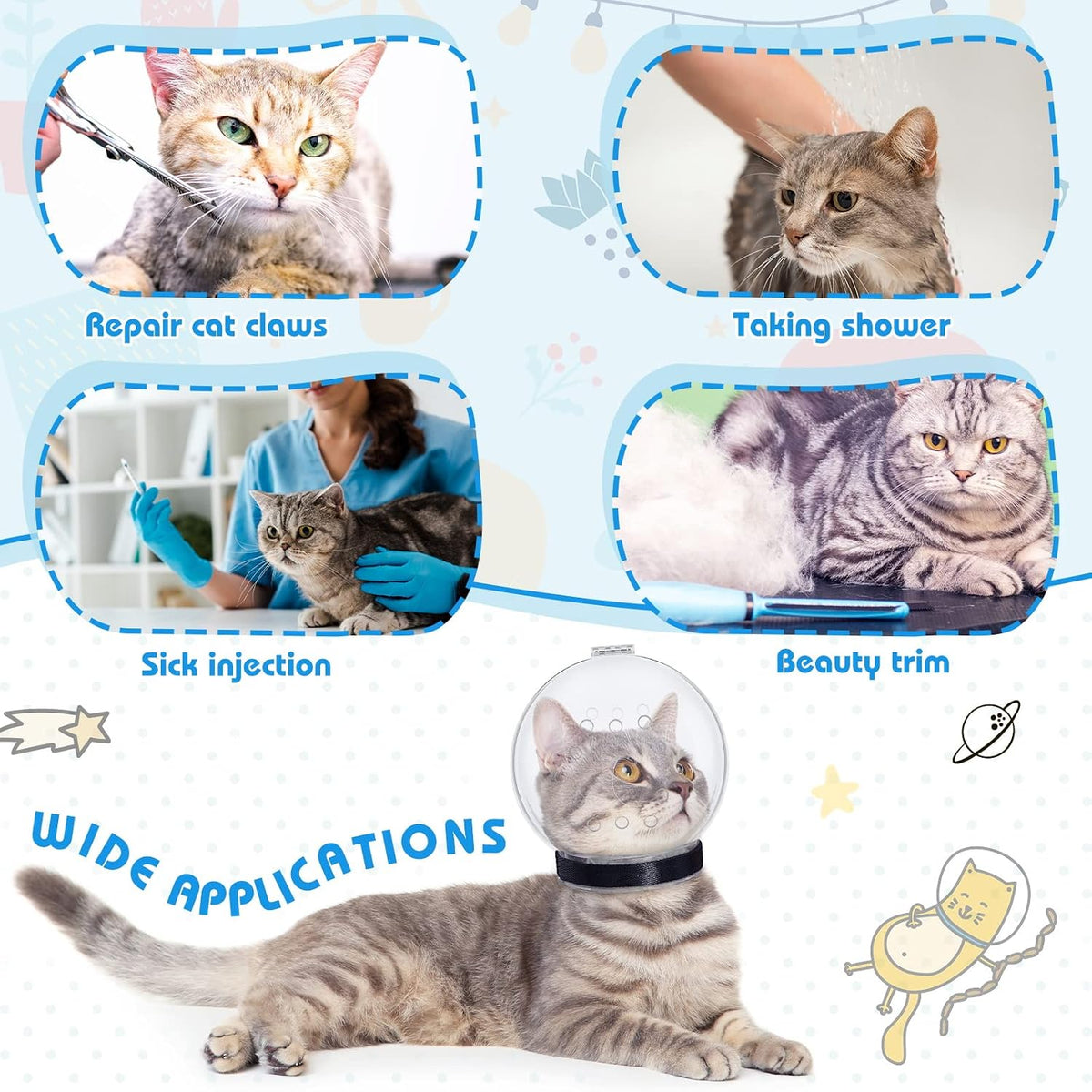 8 Pcs Cat Muzzle Set with Adjustable Cat Bathing Bag, Breathable Muzzle Pet for Shower Grooming Brush Tick Remover Tool Nail Clipper Nail File for Dog, Bunny Cleaning Trimming(M Size,Blue)