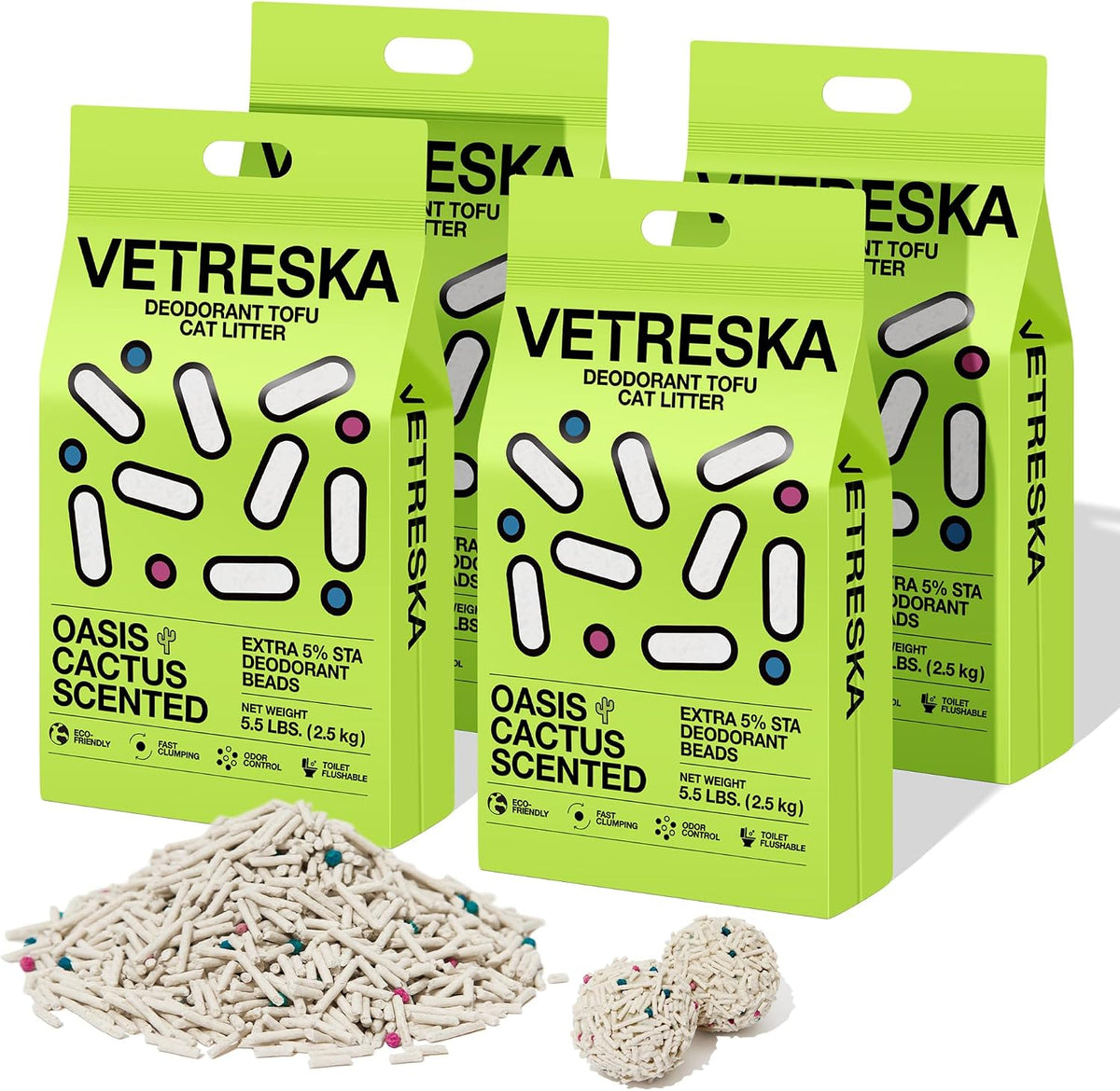 VETRESKA Tofu Cat Litter, Odor Control, Cactus 5.5lb×4bags