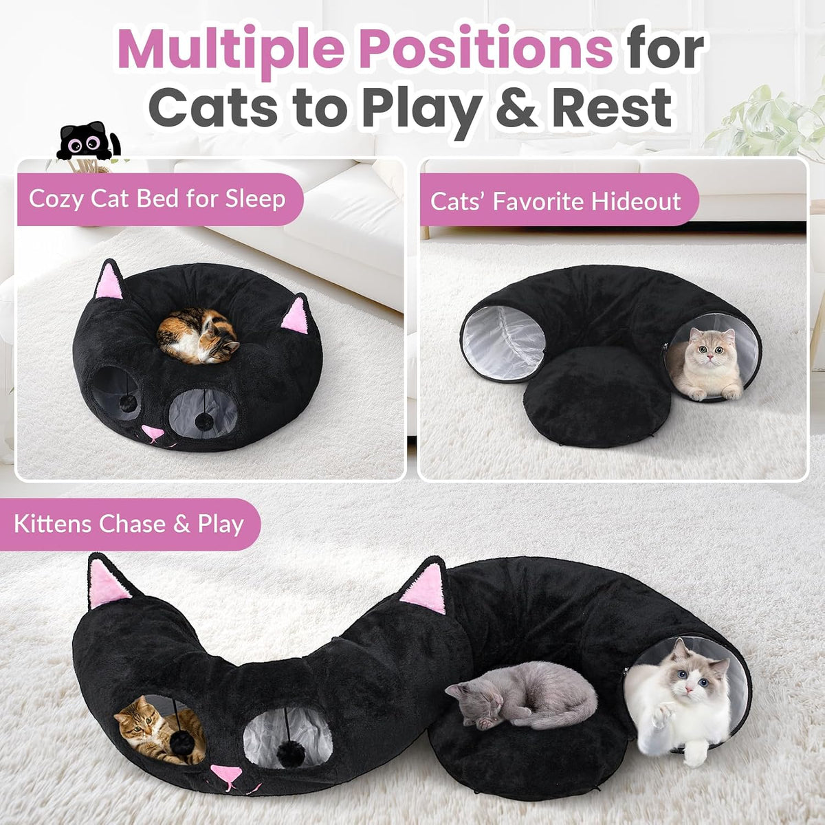 Baseola Fuzzy Cat Tunnel Bed for Indoor Cats, 2-in-1 Interactive Cat Toys