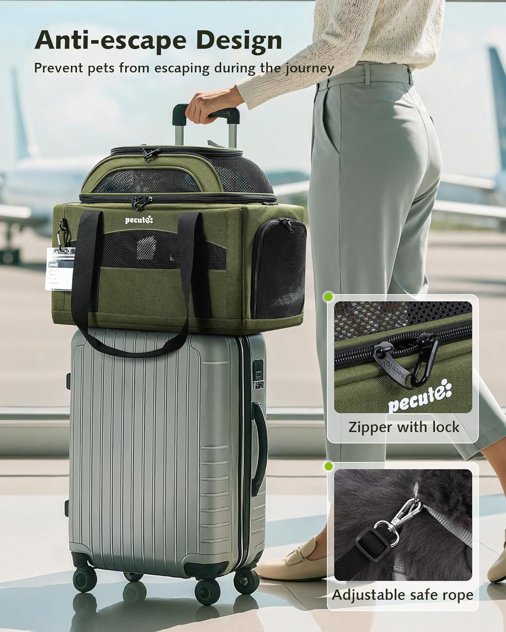 Pecute Top Expandable Airline Approved Pet Carrier for Cats, Olive Green