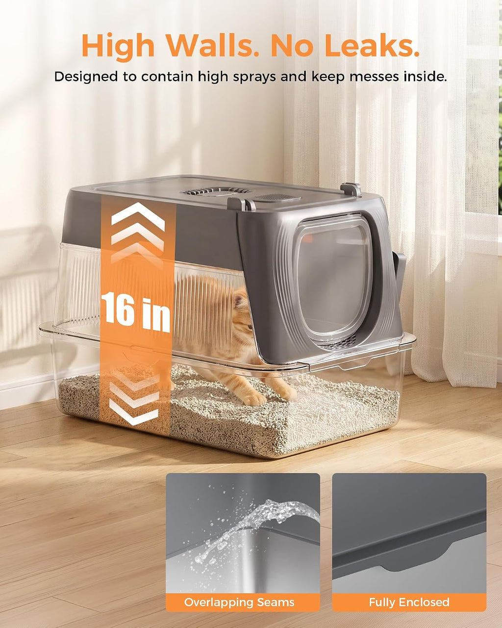 GTPLAYER XL Stainless Steel Cat Litter Box with Lid, High Sided Enclosed Cat Litter Box, Activated Carbon Odor Control, Extra Large Metal Litter Box, Anti-Leak, with Mat & Step, Gray