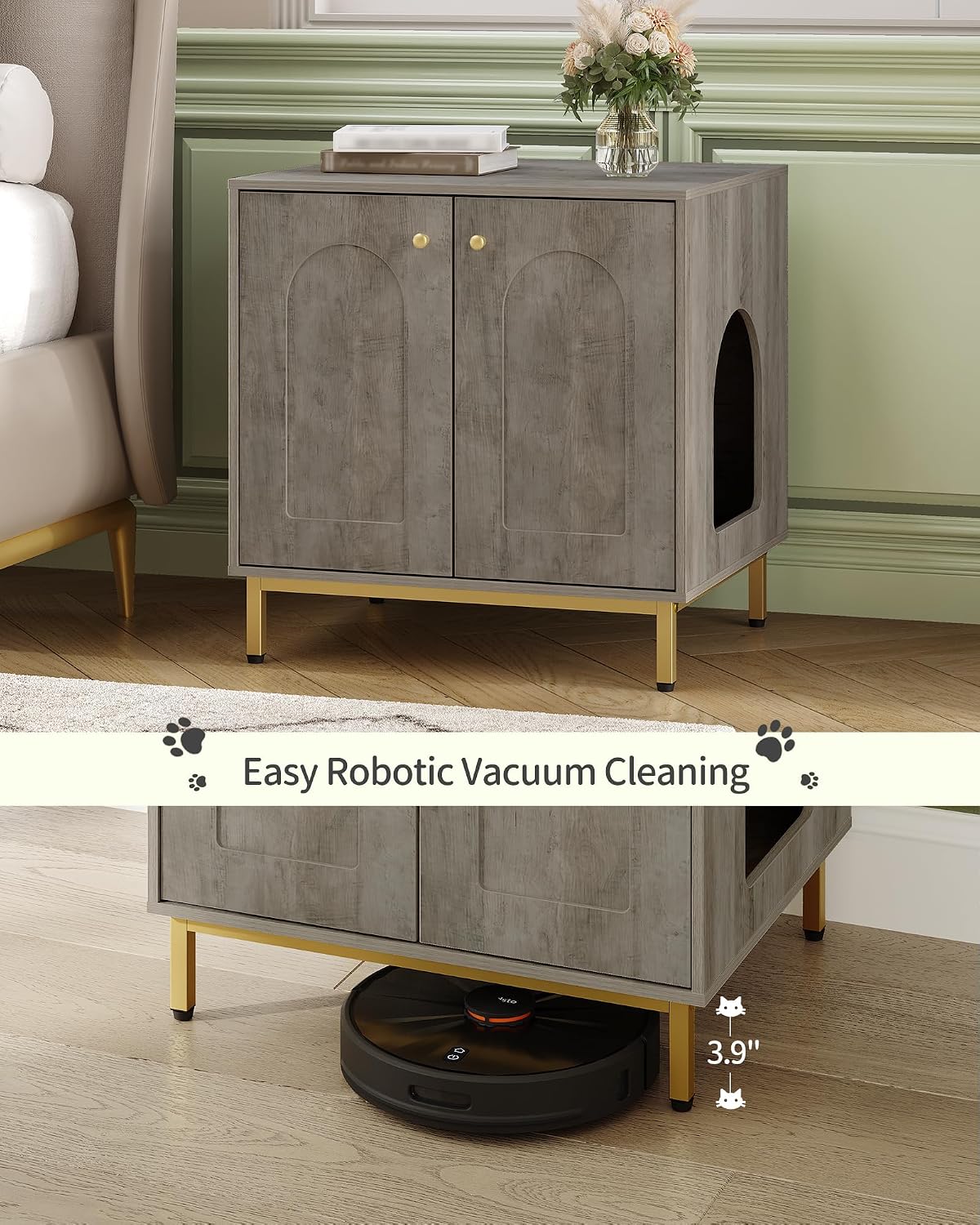 Hzuaneri Cat Litter Box Enclosure, Hidden Litter Box Furniture, Sisal Mat | Wooden Indoor Cat Cabinet, Modern Cat Washroom, Side End Table, for Living Room, Bedroom, Greige and Gold CB81205G