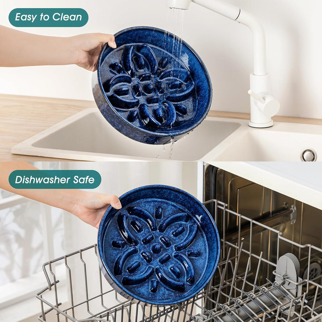 vancasso Ceramic Slow Feeder Dog Bowls, Puzzle Dog Food Bowls with Floral Maze, Anti -Slip Pet Food Dish for Large Breed, 3 Cups, Blue