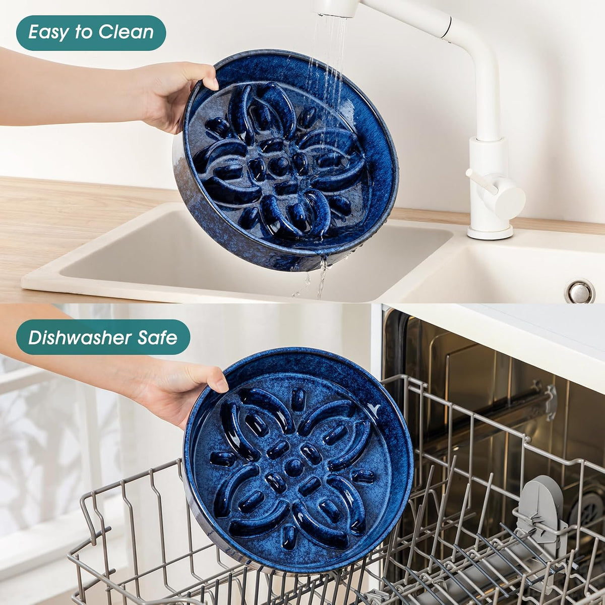 vancasso Ceramic Slow Feeder Dog Bowls, Puzzle Dog Food Bowls with Floral Maze, Anti -Slip Pet Food Dish for Large Breed, 3 Cups, Blue