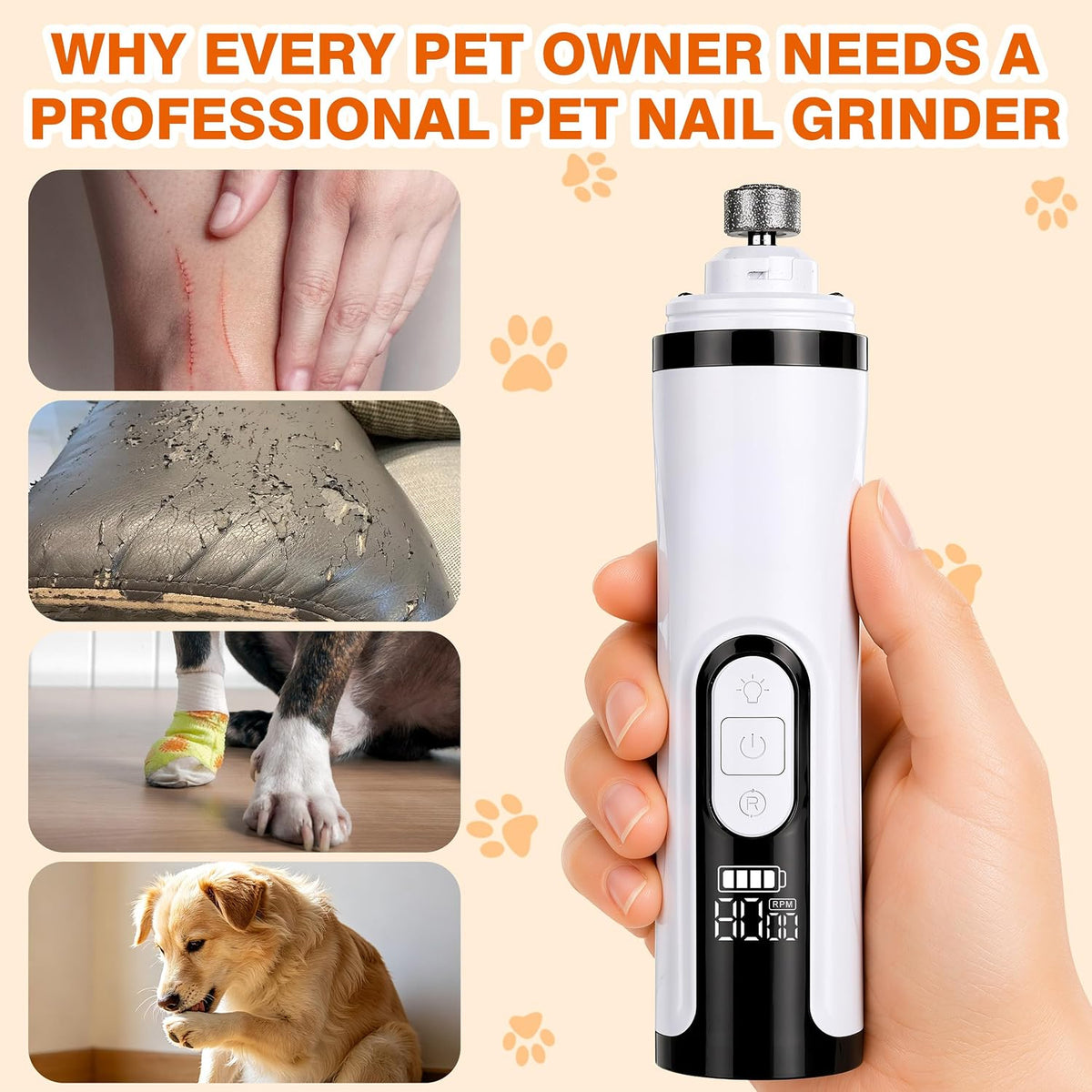 Dog Nail Grinder, Quiet Pet Nail Trimmer with LED, 3 Speeds & 3 Ports