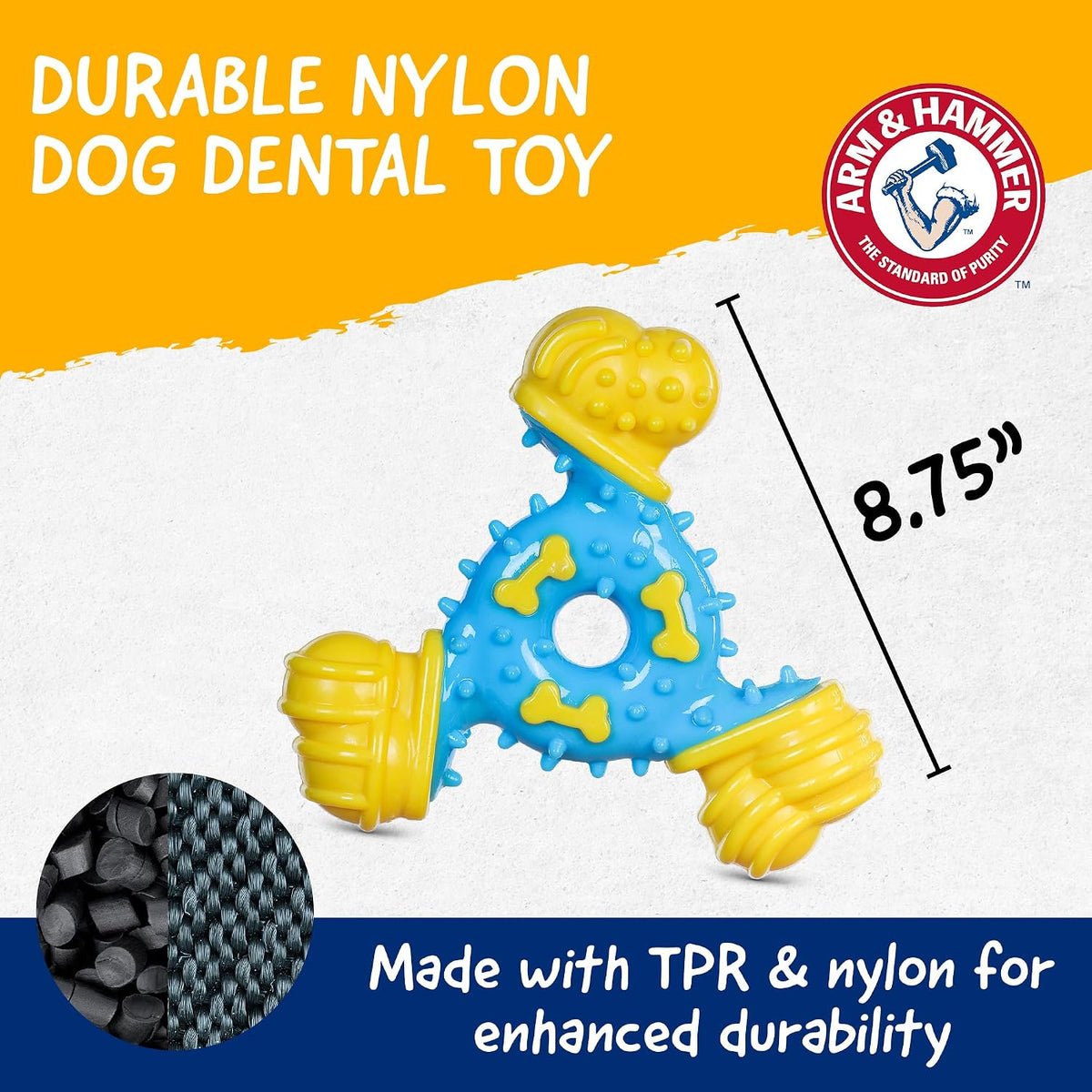 Arm & Hammer Nubbies TriBone Dental Dog Chew Toy, Peanut Butter Flavor | Nylon and TPR construction, baking soda infused, reduces plaque and tartar buildup, ideal for moderate chewers