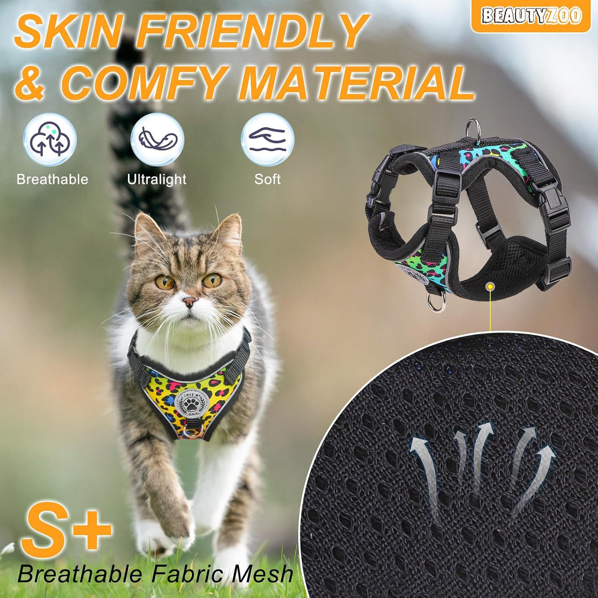 BEAUTYZOO Cat Harness and Leash,Escape Proof Easy-On Vest w/Neck Buckle, S