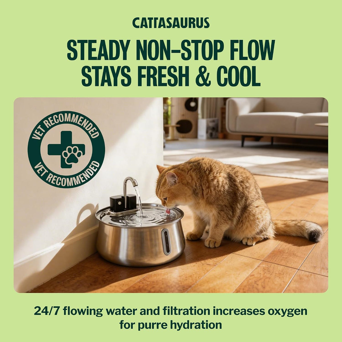 Cattasaurus 135oz Wireless Cat Water Fountain, 304 Stainless Steel Automatic Water Dispenser for Cats, Ultra Quiet, Smart Sensor, 6-Layer Filtration (Silvery, Fountain + 6 Filters (6-Week Supply))