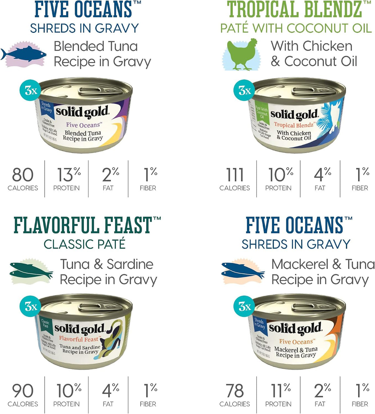 Solid Gold Let's Stay in - Dry Cat Food for Indoor Cats - Hairball & Sensitive Stomach Support - Salmon 3lb - Wet Cat Food Variety Pack - Wet Cat Food Pate & Shreds in Gravy Recipes - 12 packi