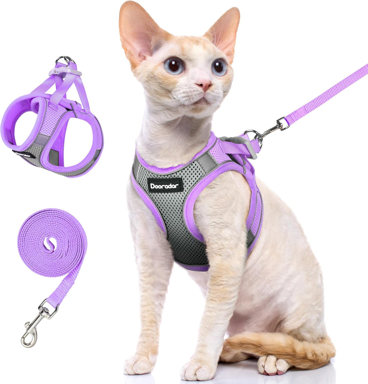 Dooradar Cat Harness and Leash Set, Easy-on Vest, Grey & Purple