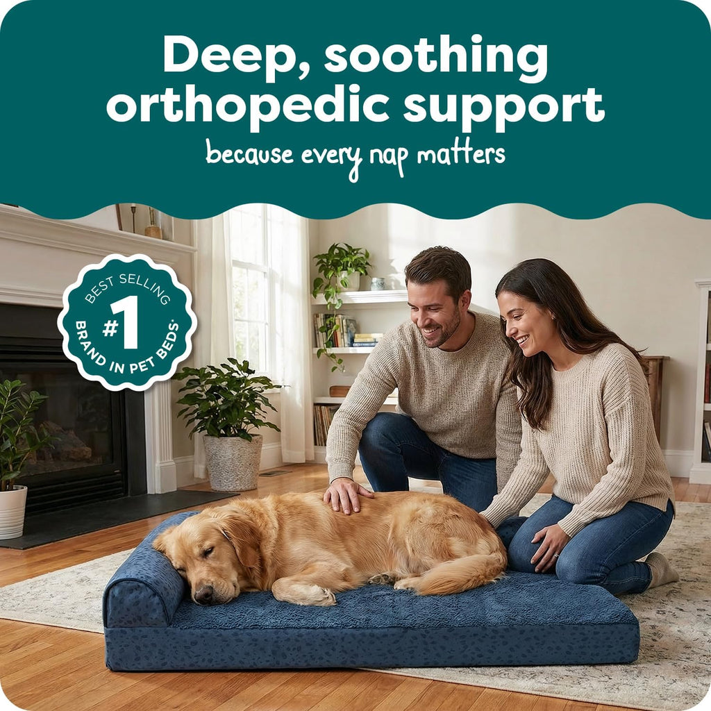 Furhaven Orthopedic Dog Bed for Large Dogs w/ Removable Bolsters & Washable Cover, For Dogs Up to 95 lbs - Plush & Almond Print L Shaped Chaise - Blue Almonds, Jumbo/XL