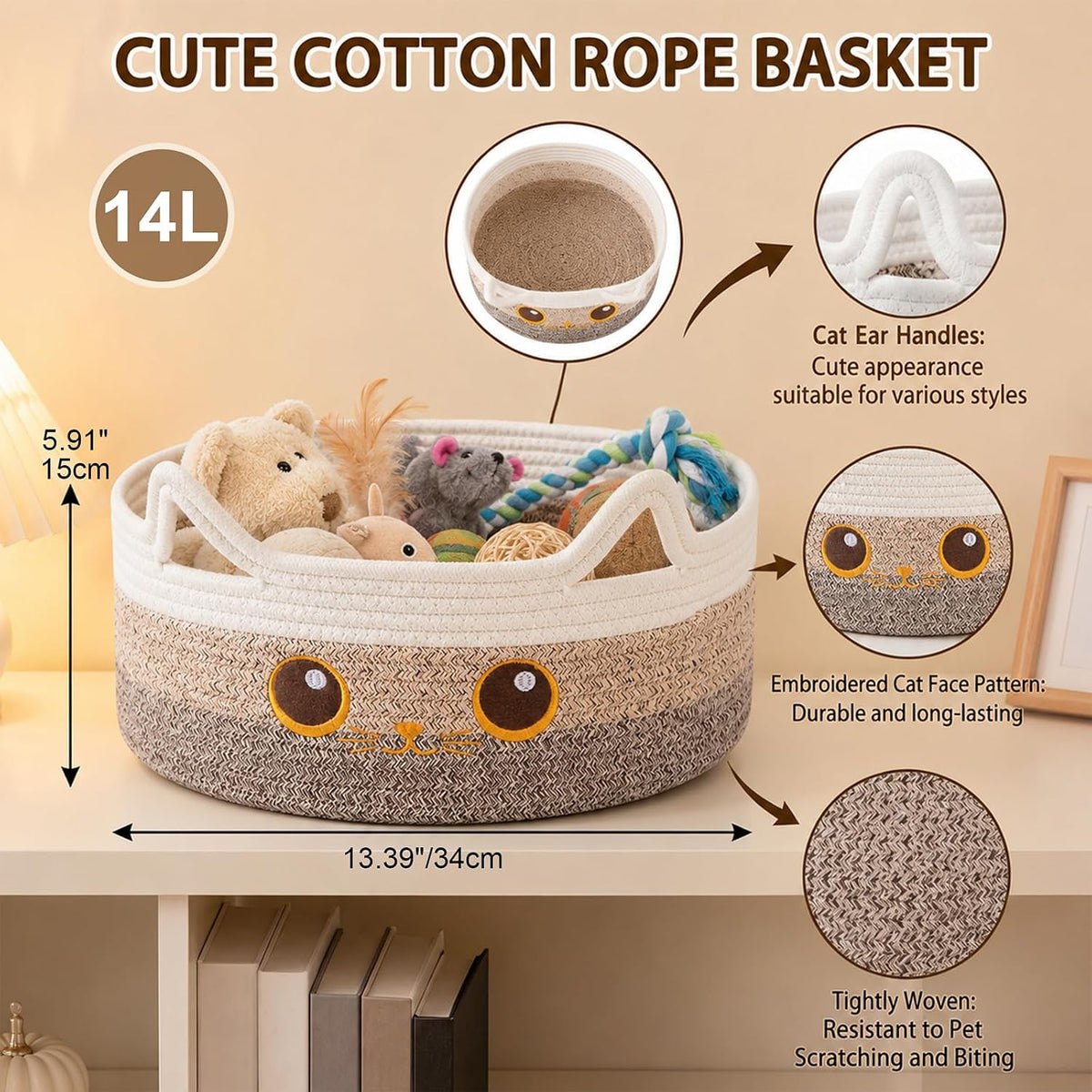 Small Round Dog Toy Basket,Cotton Rope Storage Basket for Living Room,Brown