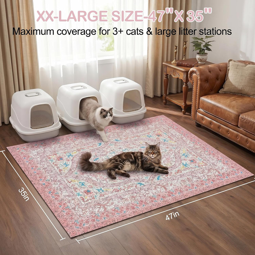 Glittme Cat Litter Mat, 47"x35" Non-Slip Washable Trapping Mat for Cats | Litter Trapping Mat With Thick PVC Coil To Catch Scatter, Soft On Paws And Waterproof Bottom To Protect Floors