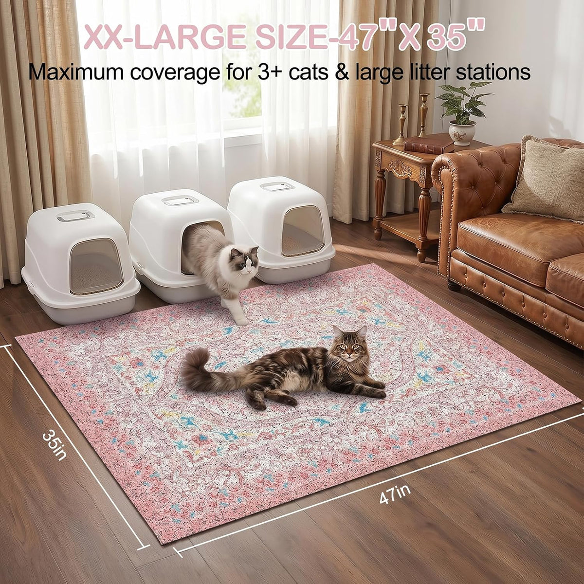 Glittme Cat Litter Mat, 47"x35" Non-Slip Washable Trapping Mat for Cats | Litter Trapping Mat With Thick PVC Coil To Catch Scatter, Soft On Paws And Waterproof Bottom To Protect Floors