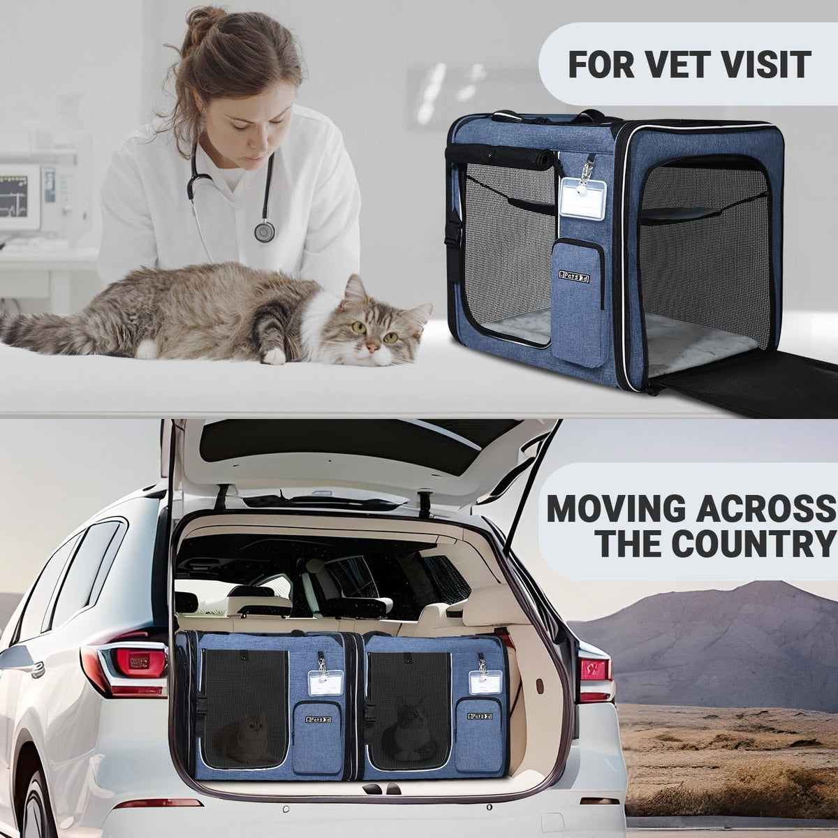 Petskd 2 in 1 Double Cat Car Travel Carrier with Litter Box, Blue