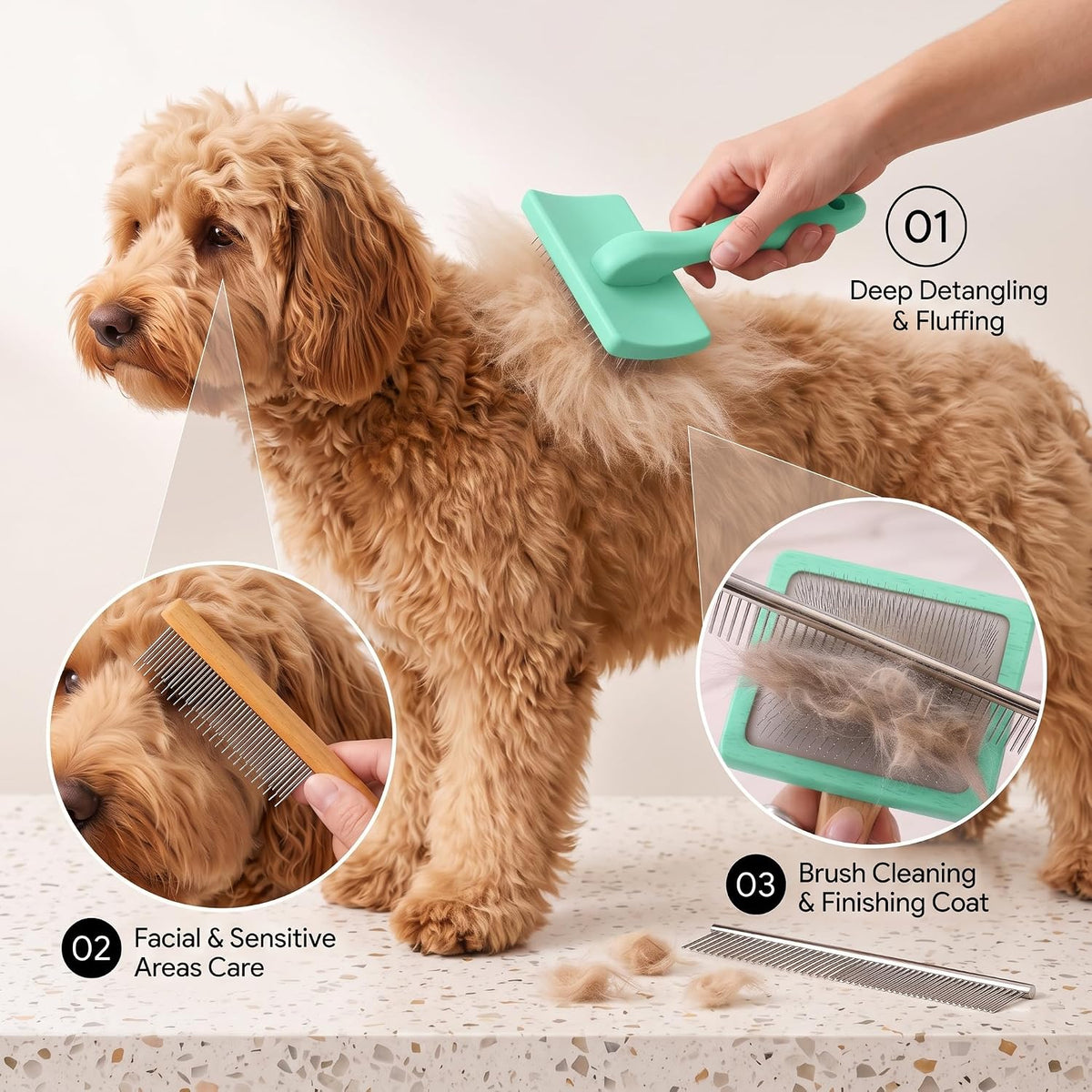 3-in-1 Long Pin Slicker Brush Set, Pet Grooming Kit, Green