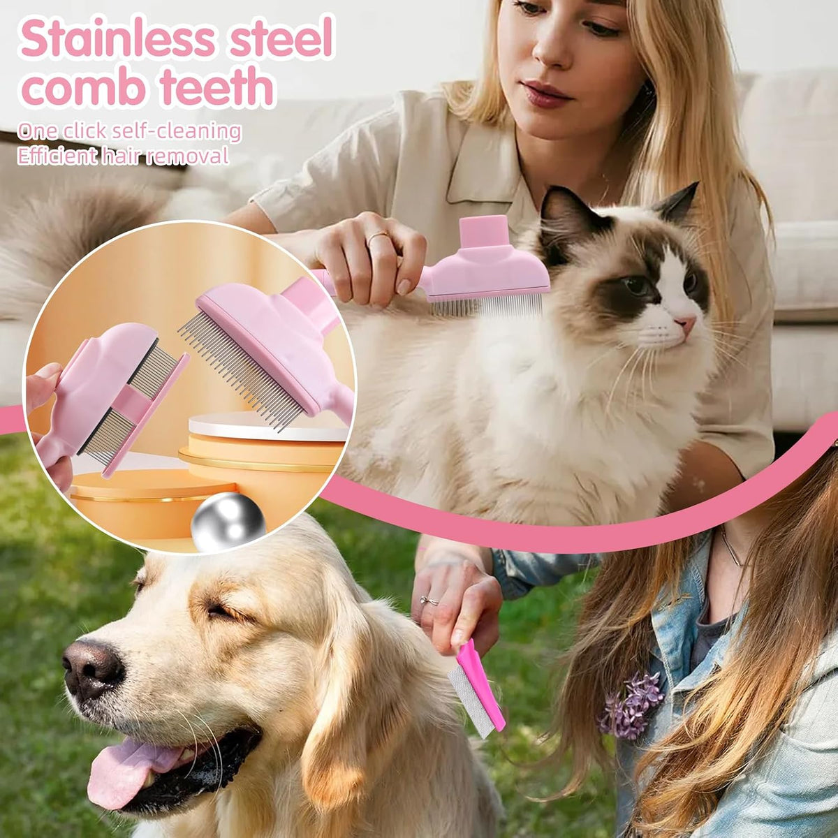 Oromaviela 8PCS Dog Rabbit Bunny Cat Grooming Kit, Self-Cleaning Slicker Brush & Deshedding Comb, Dematting Tool, Nail Clipper File, Flea Comb, Portable Storage Bag for Long/Short Haired Pets(8, pink)