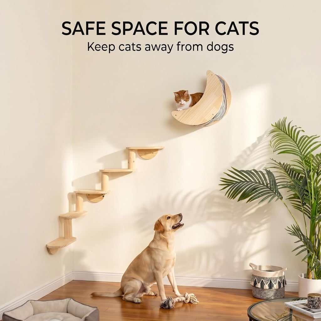 Cat Wall Shelves, Solid Wood Moon Bed, 5-Step Stairs for Vertical Climbing