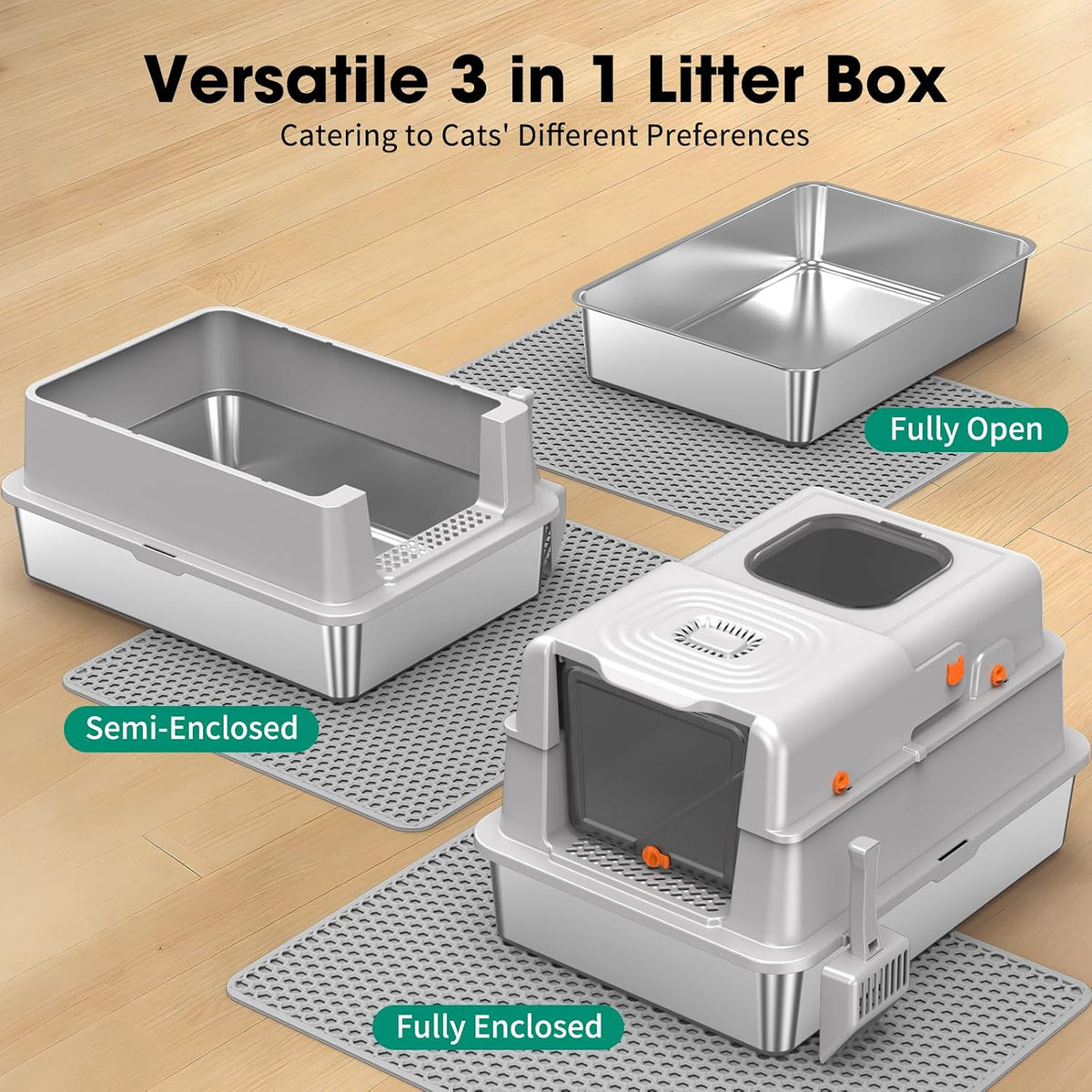 XXXL Stainless Steel Litter Box with Lid, 28" x 20" x 17", Light Grey