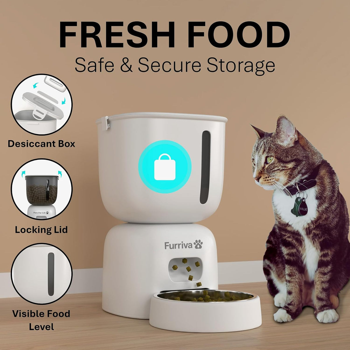 Automatic Cat Feeder and Water Fountain Set, White - 3L Feeder & 2L Fountain, Stainless Steel Bowl, Locking Lid, Plug-in/Battery Powered, 4 Meals/Day, 10s Voice Recorder for Cats and Small Dogs